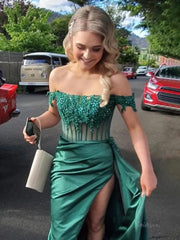 Off the Shoulder Satin Mermaid Prom Dresses 2025 with Slit & Lace Bodice – FD5063
