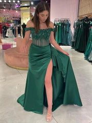 Off the Shoulder Satin Mermaid Prom Dresses 2025 with Slit & Lace Bodice – FD5063