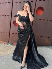 Off the Shoulder Satin Mermaid Prom Dresses 2025 with Slit & Lace Bodice – FD5063