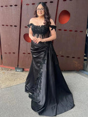 Off the Shoulder Satin Mermaid Prom Dresses 2025 with Slit & Lace Bodice – FD5063