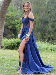 Off the Shoulder Satin Mermaid Prom Dresses 2025 with Slit & Lace Bodice – FD5063