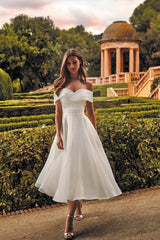 Off-the-Shoulder Tea Length Aline Wedding Dress Tulle Vintage Bridal Dress