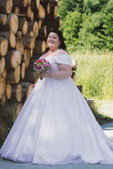 Off-the-Shoulder Satin White Aline/Princess Ball Gown Wedding Dress Plus Size