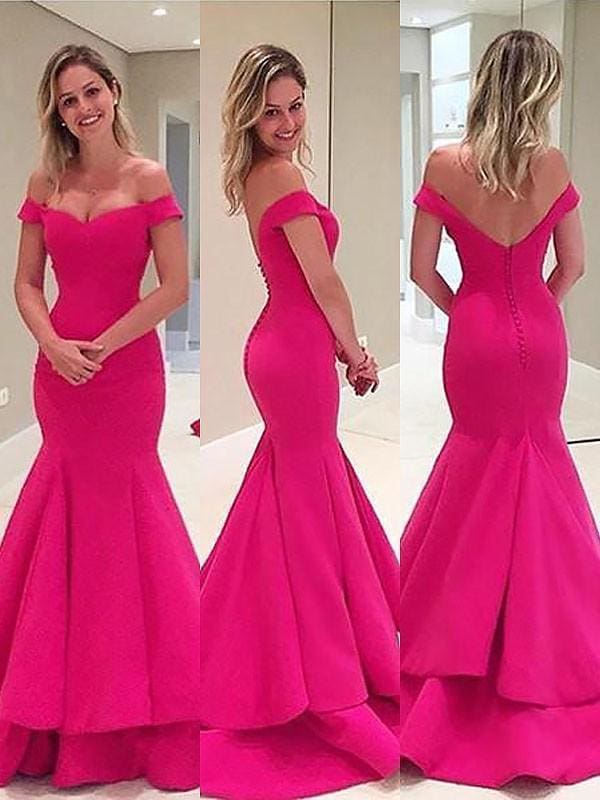Off-The-Shoulder Satin With Layers Sweep/Brush Train Dresses