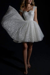 Off-the-Shoulder Sequins A-line Wedding Dress Knee-Length Sweetheart Bridal Dress