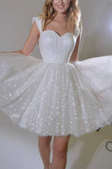 Off-the-Shoulder Sequins A-line Wedding Dress Knee-Length Sweetheart Bridal Dress