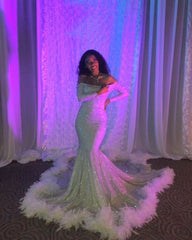 Off-the-shoulder Sequins Fur Trim Court Train Mermaid Prom Gowns