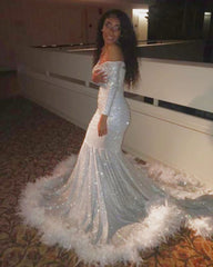 Off-the-shoulder Sequins Fur Trim Court Train Mermaid Prom Gowns