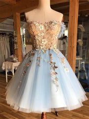 Hors l'épaule Robes de bal floral en dentelle bleue courte, robes de remise des diplômes en dentelle bleue