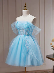 Hors l'épaule robes de bal bleu courtes, robes de retour formelles en dentelle bleue