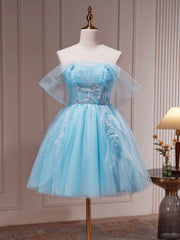 Hors l'épaule robes de bal bleu courtes, robes de retour formelles en dentelle bleue