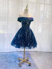 Hors l'épaule Robes de bal bleu marine, robes de retour à la maison bleu foncé foncé