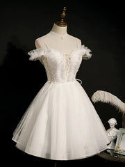 Hors de l'épaule, robes de bal à dentelle blanche, courtes robes de retour formelles en dentelle blanche