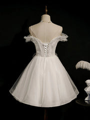 Hors de l'épaule, robes de bal à dentelle blanche, courtes robes de retour formelles en dentelle blanche
