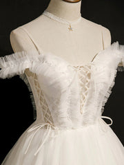 Hors de l'épaule, robes de bal à dentelle blanche, courtes robes de retour formelles en dentelle blanche