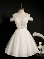 Hors de l'épaule, robes de bal à dentelle blanche, courtes robes de retour formelles en dentelle blanche