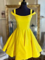 Hors de l'épaule Robes de bal en satin jaune, robes de retour formelles en satin jaune courte