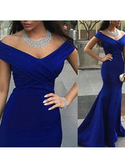 Off-The-Shoulder Sleeveless Sweep/Brush Train With Ruched Dresses