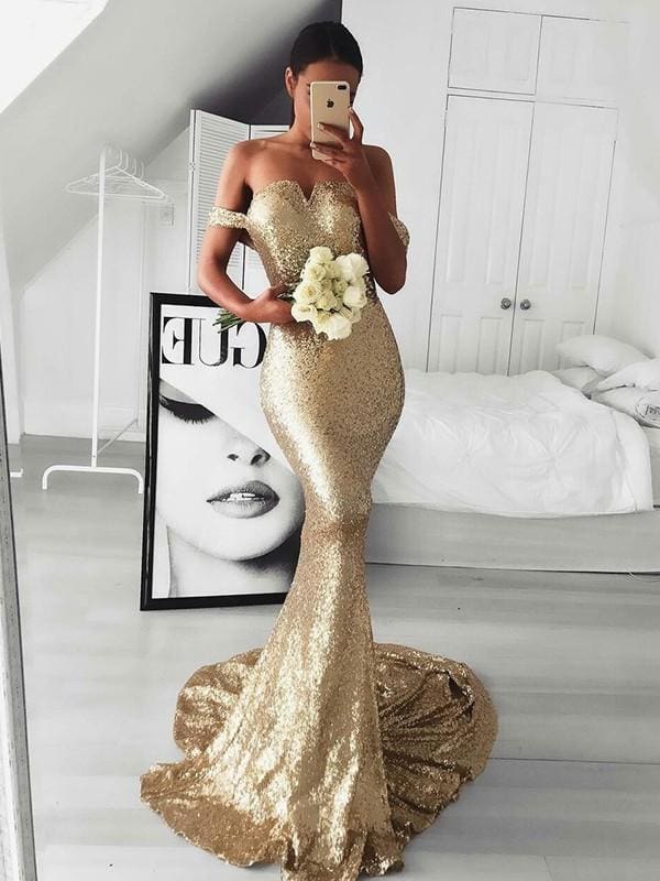 Off-The-Shoulder Sweep/Brush Train Ruffles Sequins Dresses