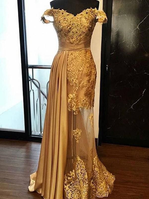 Off-The-Shoulder Sweep/Brush Train With Applique Tulle Dresses