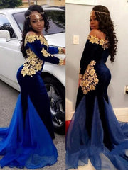 Off-The-Shoulder Sweep/Brush Train With Applique Velvet Dresses