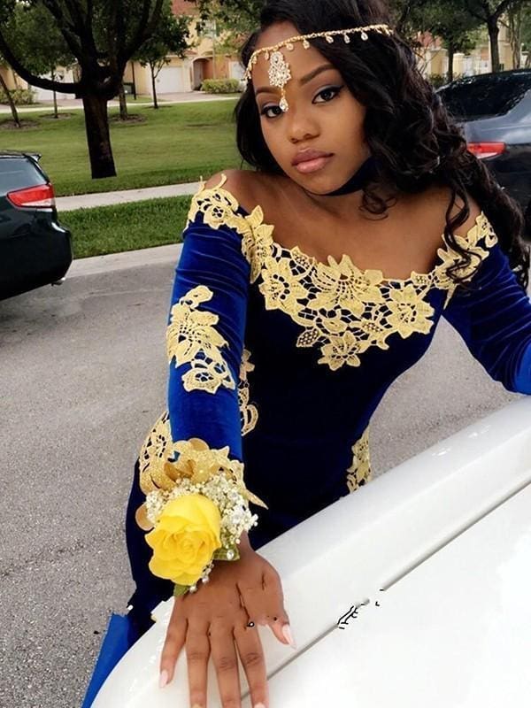 Off-The-Shoulder Sweep/Brush Train With Applique Velvet Dresses