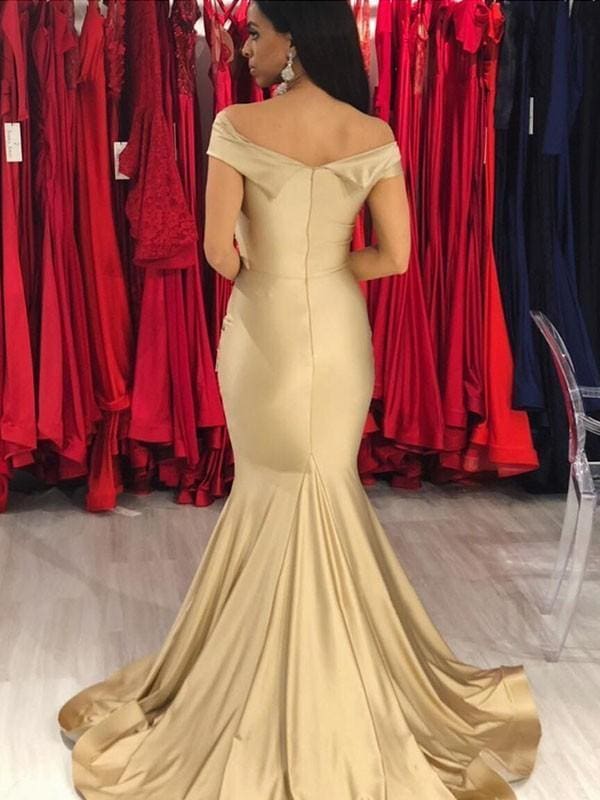 Off-The-Shoulder Sweep/Brush Train With Ruffles Prom Dresses