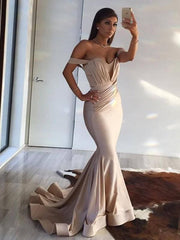 Off-The-Shoulder Sweep/Brush Train With Ruffles Satin Dresses