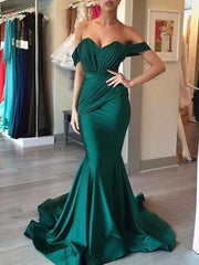 Off-The-Shoulder Sweep/Brush Train With Ruffles Satin Dresses