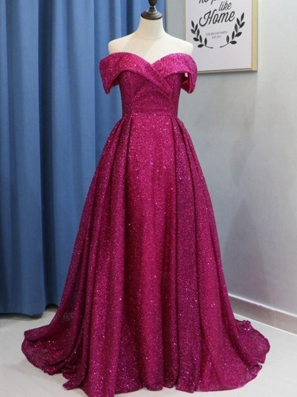 Off-the-Shoulder Sweep/Brush Train With Ruffles Sequins Dresses