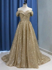 Off-the-Shoulder Sweep/Brush Train With Ruffles Sequins Dresses