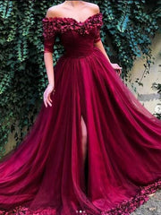Off-The-Shoulder Sweep/Brush Train With Ruffles Tulle Dresses Half Sleeves