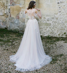 Off-The-Shoulder Tulle Illusion Sleeve Dress With Appliques