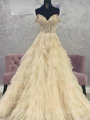 Off the Shoulder Tulle Prom Dresses 2025 Ruffled Lace Formal Gown with Slit FD3729