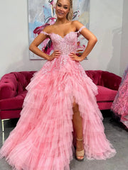 Off the Shoulder Tulle Prom Dresses 2025 Ruffled Lace Formal Gown with Slit FD3729