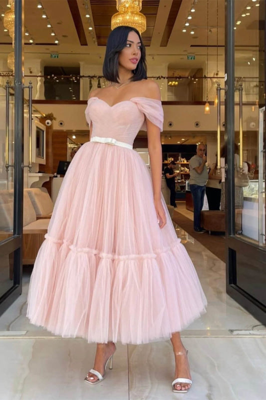 Off-The-Shoulder Tulle Prom Gown Tea Length Sweetheart Blush Pink Evening Dresswith Belts