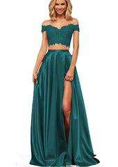 Off-the-Shoulder Two Piece Prom Dress With Slit Appliques