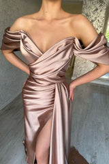 Off The Shoulder V Neck Split Pleated Dusty Pink Prom Dress