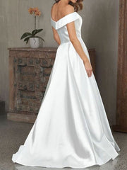 Off the Shoulder V Neck White Satin Long Prom, V Neck Off Shoulder White Formal Evening
