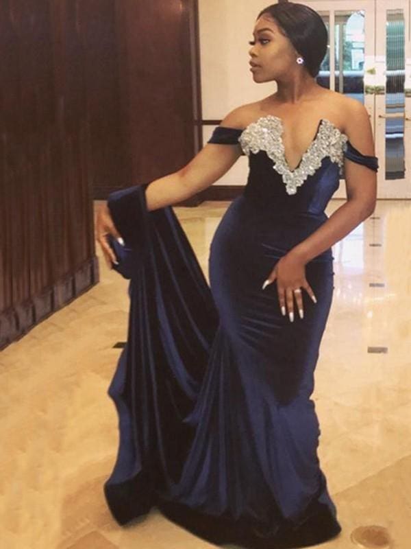 Off-The-Shoulder Velvet Prom Dresses Mermaid with Sweep/Brush Train