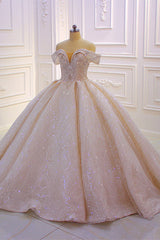 Off-the-Shoulder Wedding Dress with Ruffles, Sequins & Beading
