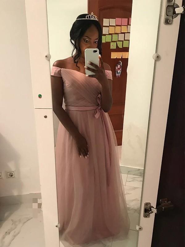 Off-The-Shoulder With Sash/Ribbon/Belt Tulle Floor-Length Dresses