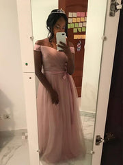Off-The-Shoulder With Sash/Ribbon/Belt Tulle Floor-Length Dresses