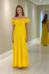 Off-the-Shoulder Yellow Ruffle Chiffon Mother of the Bride Dress
