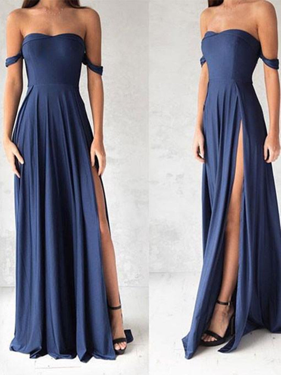 Sweetheart Neck Off Shoulder Blue Chiffon Prom Dress, Blue Bridesmaid Dress, Formal Dress
