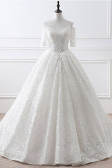 Long Lace-Up Back A-line White Wedding Dress with Sleeves