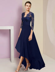 A-Line Mother of the Bride Dress Formal Wedding Guest Elegant High Low V Neck Asymmetrical Tea Length Chiffon Lace 3/4 Length Sleeve with Ruched