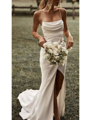 Wholesale Beach Simple Simple Wedding Dresses Sheath / Column Square Camisole Spaghetti Strap Sweep / Brush Train Stretch Fabric Bridal Gowns With Ruched Split Front