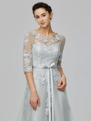 Wholesale A-Line Empire Dress Wedding Guest Prom Dress Floor Length Half Sleeve Illusion Neck Tulle with Bow(s) Appliques