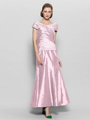 A-Line Mother of the Bride Dress Vintage Inspired V Neck Ankle Length Taffeta Short Sleeve with Beading Side